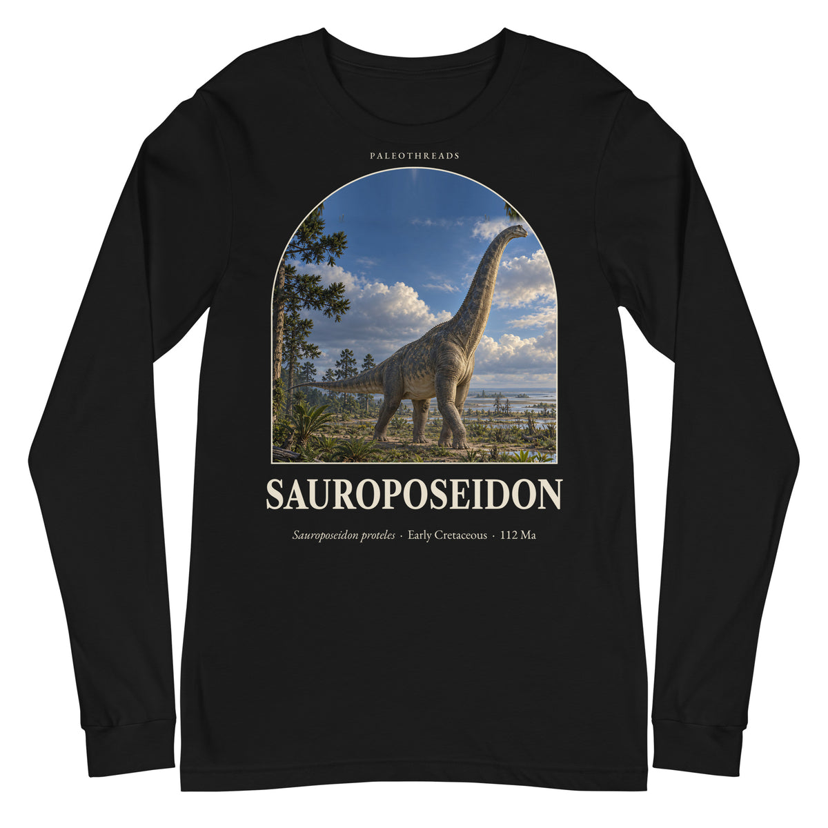 Sauroposeidon long sleeve tee in Black — Deep Time Atlas Plate 057, PaleoThreads