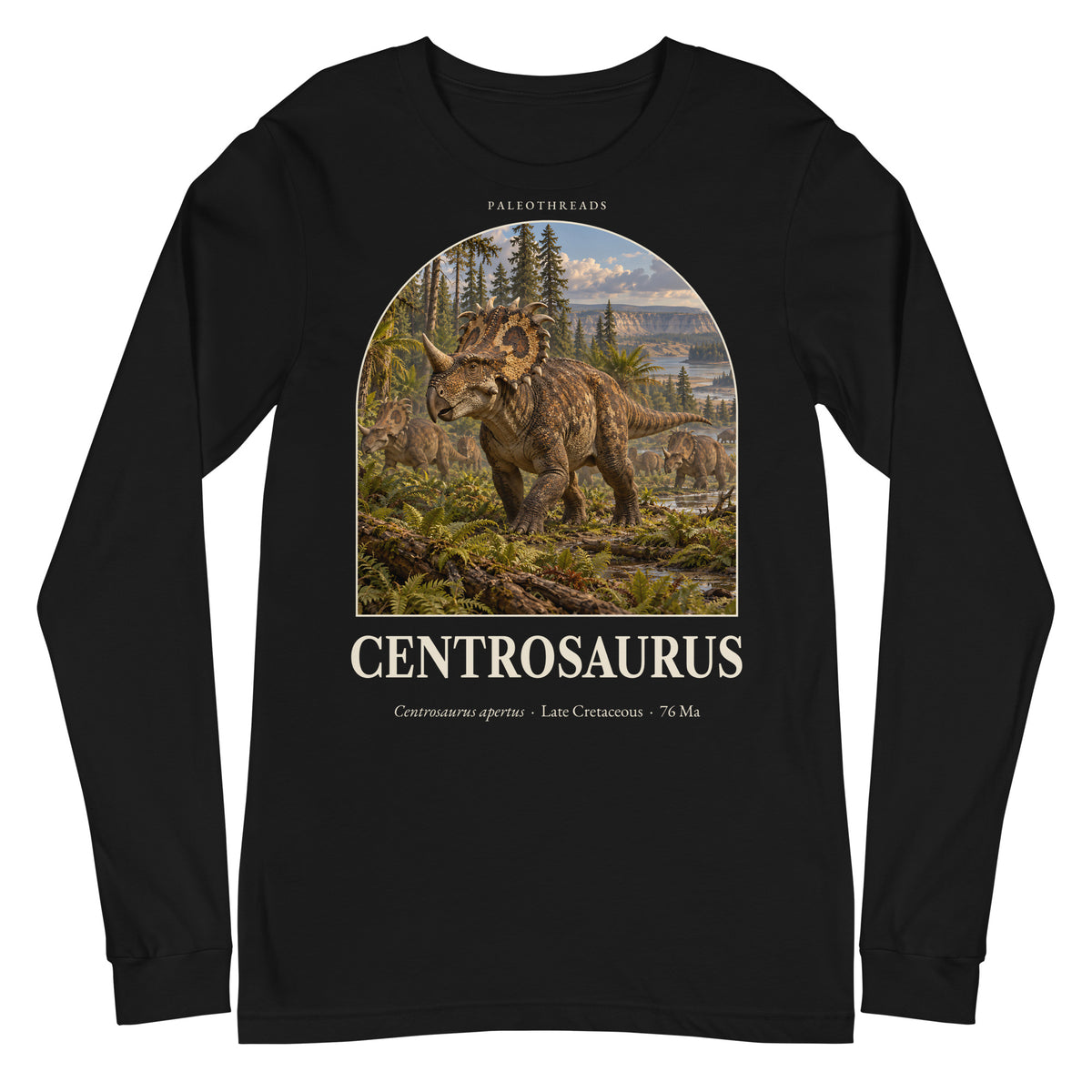 Centrosaurus long sleeve tee in Black — Deep Time Atlas Plate 062, PaleoThreads