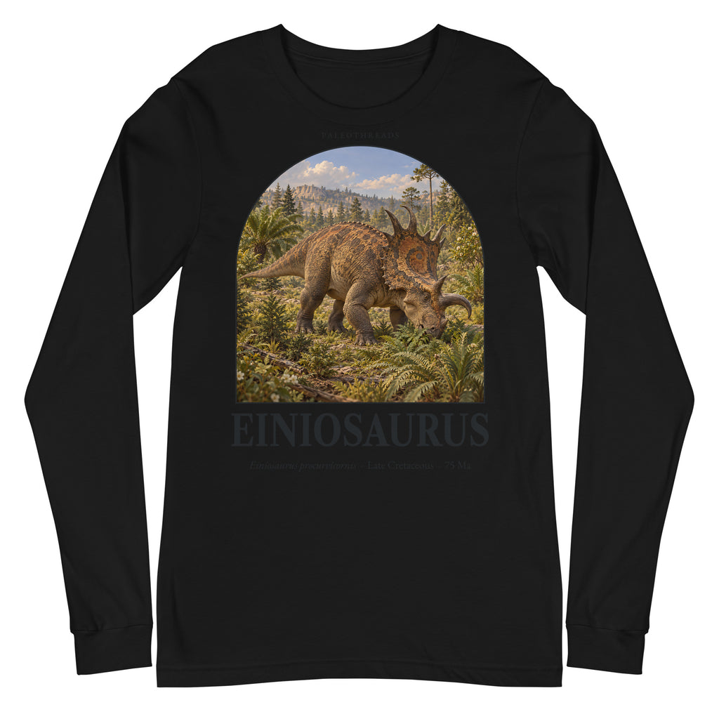 Einiosaurus long sleeve tee in Black — Deep Time Atlas Plate 066, PaleoThreads