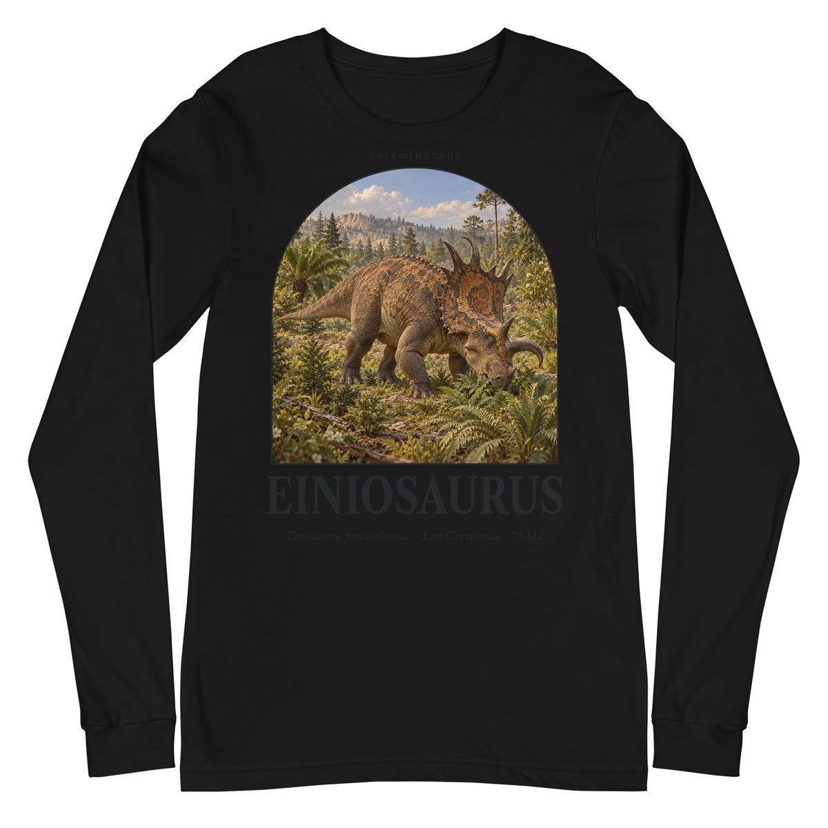 Einiosaurus long sleeve tee in Black — Deep Time Atlas Plate 066, PaleoThreads