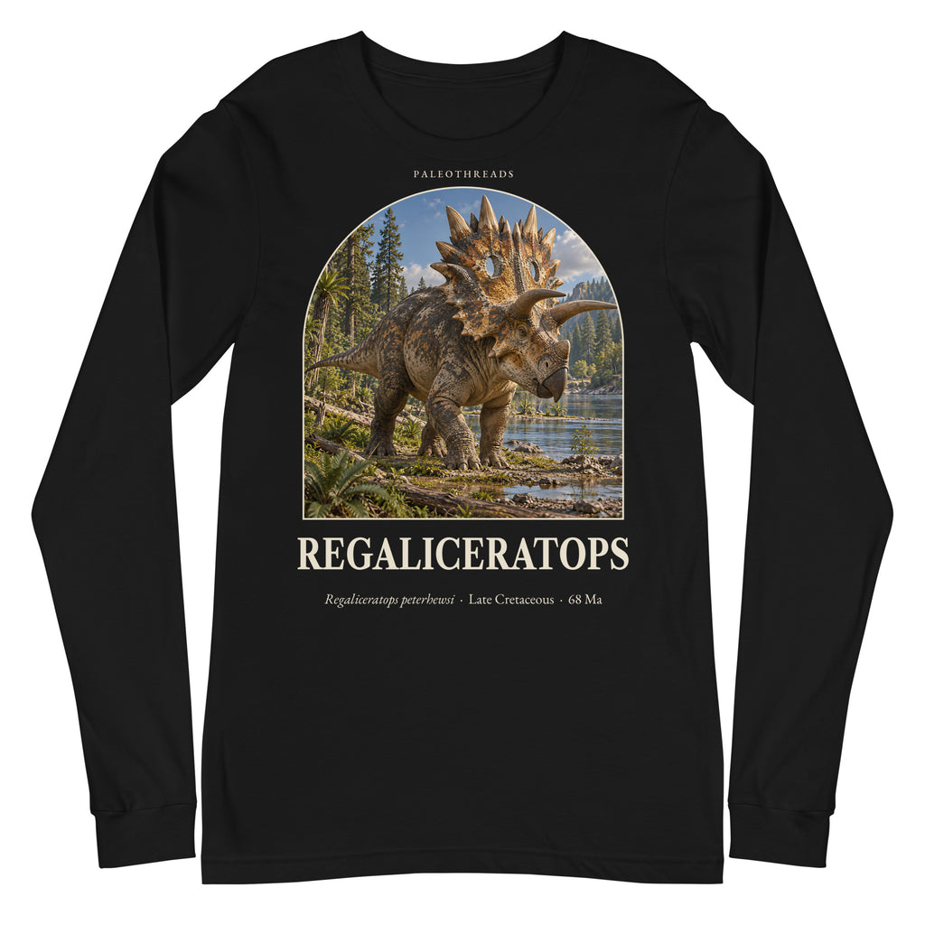 Regaliceratops long sleeve tee in Black — Deep Time Atlas Plate 069, PaleoThreads