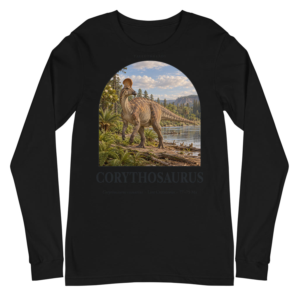 Corythosaurus long sleeve tee in Black — Deep Time Atlas Plate 076, PaleoThreads