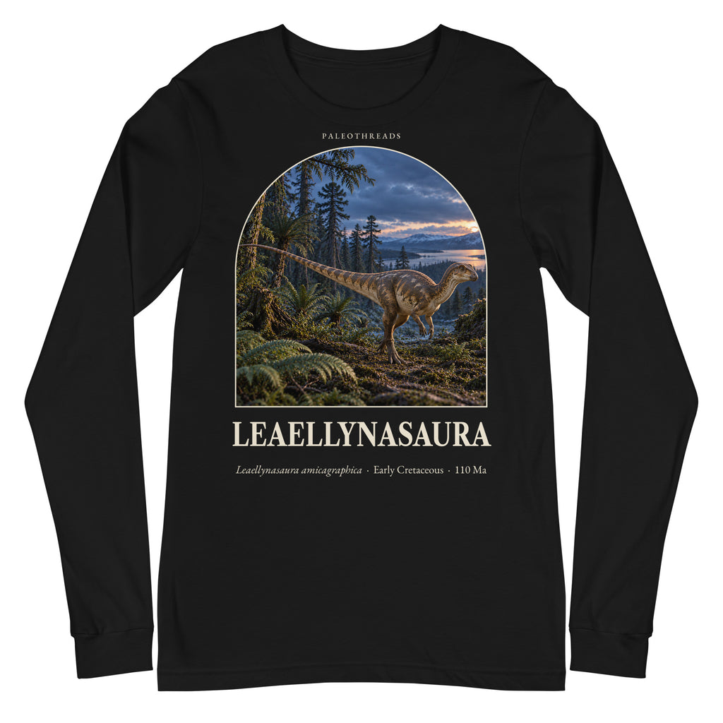 Leaellynasaura long sleeve tee in Black — Deep Time Atlas Plate 081, PaleoThreads