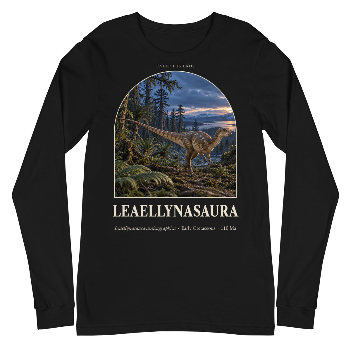 Leaellynasaura long sleeve tee in Black — Deep Time Atlas Plate 081, PaleoThreads