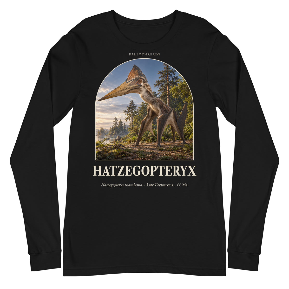 Hatzegopteryx long sleeve tee in Black — Deep Time Atlas Plate 101, PaleoThreads