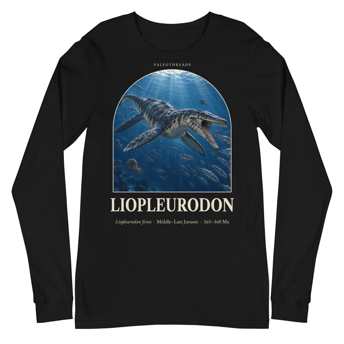 Liopleurodon long sleeve tee in Black — Deep Time Atlas Plate 109, PaleoThreads