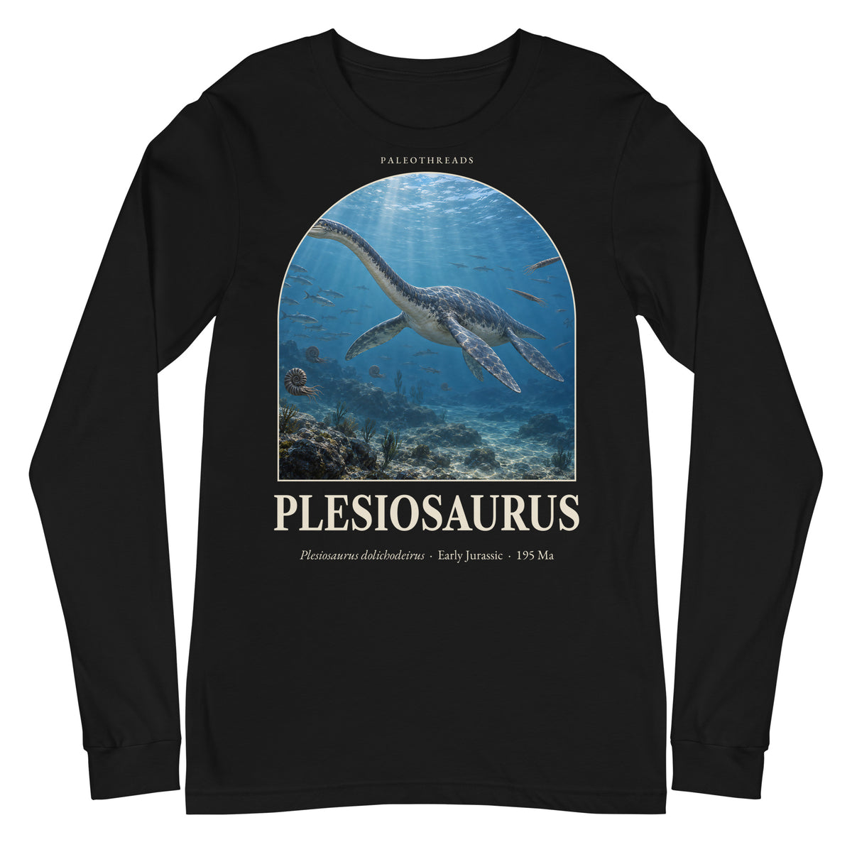 Plesiosaurus long sleeve tee in Black — Deep Time Atlas Plate 108, PaleoThreads