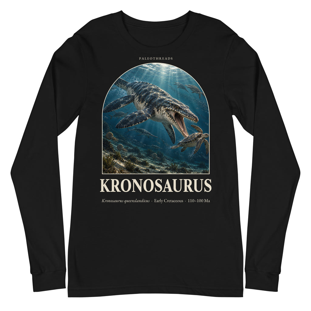Kronosaurus long sleeve tee in Black — Deep Time Atlas Plate 112, PaleoThreads