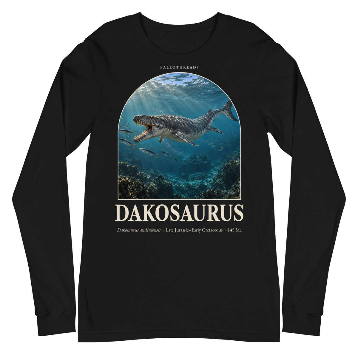Dakosaurus long sleeve tee in Black — Deep Time Atlas Plate 117, PaleoThreads
