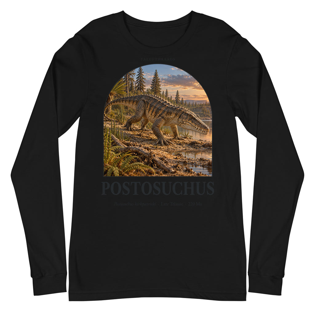 Postosuchus long sleeve tee in Black — Deep Time Atlas Plate 122, PaleoThreads