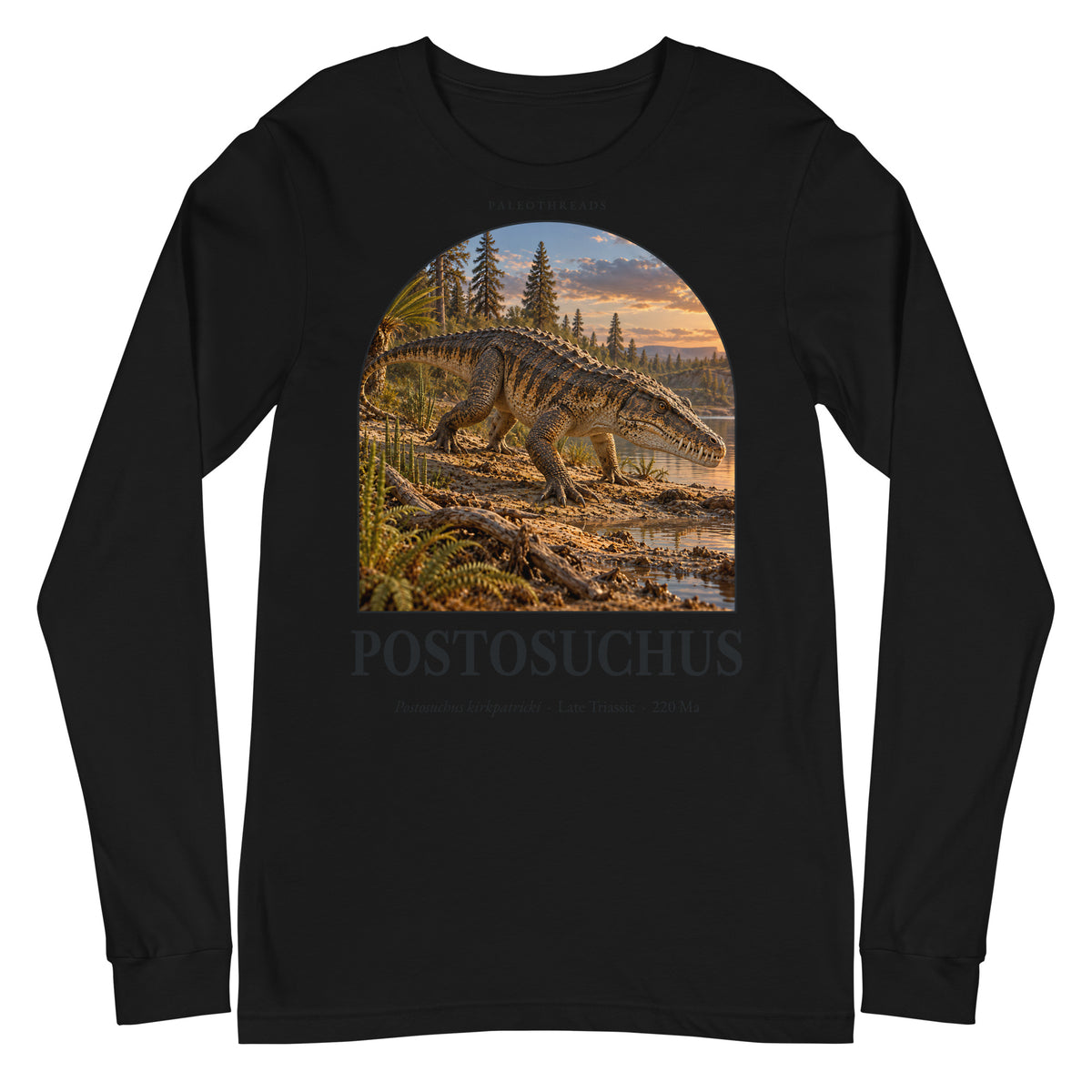 Postosuchus long sleeve tee in Black — Deep Time Atlas Plate 122, PaleoThreads