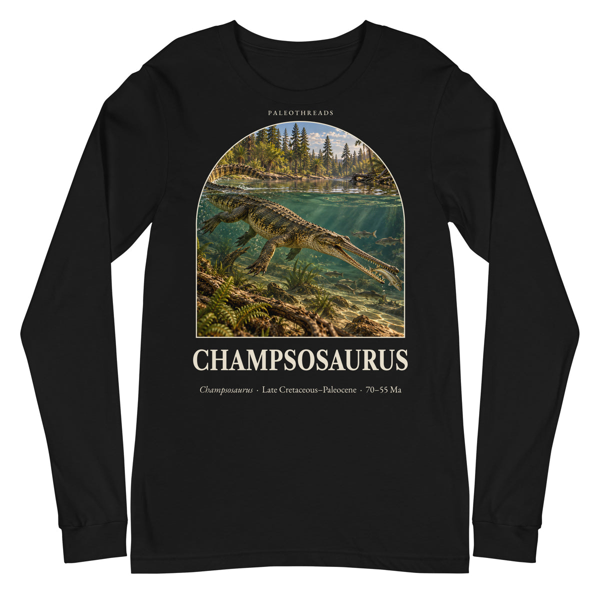 Champsosaurus long sleeve tee in Black — Deep Time Atlas Plate 127, PaleoThreads