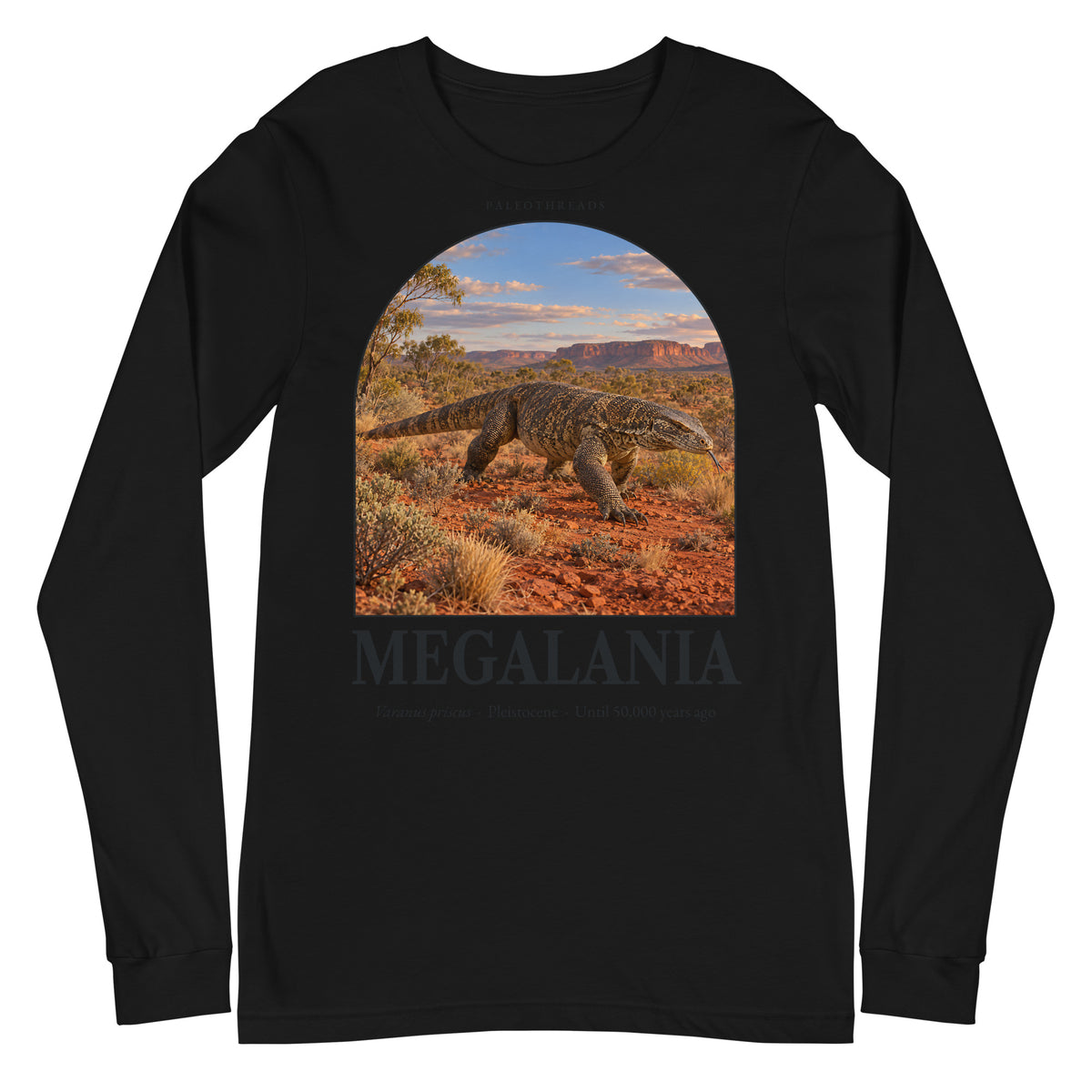 Megalania long sleeve tee in Black — Deep Time Atlas Plate 130, PaleoThreads