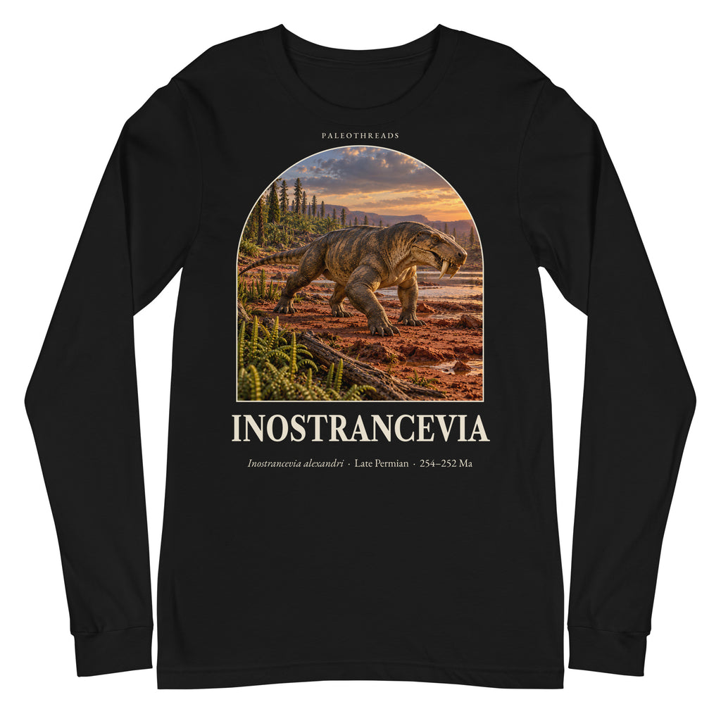 Inostrancevia long sleeve tee in Black — Deep Time Atlas Plate 135, PaleoThreads