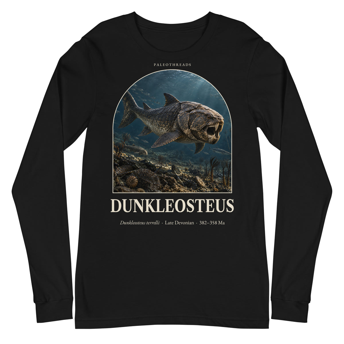 Dunkleosteus long sleeve tee in Black — Deep Time Atlas Plate 137, PaleoThreads