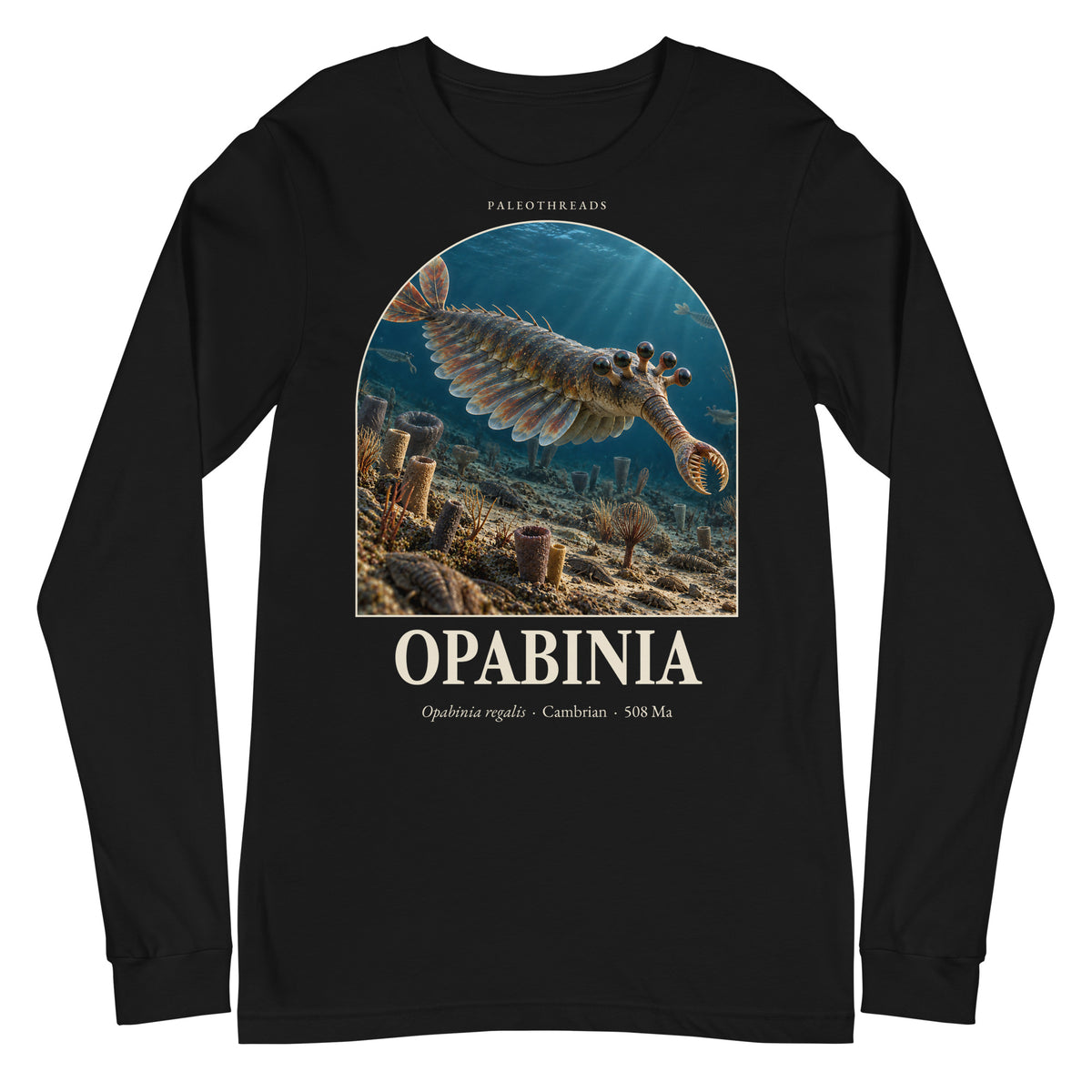 Opabinia long sleeve tee in Black — Deep Time Atlas Plate 139, PaleoThreads