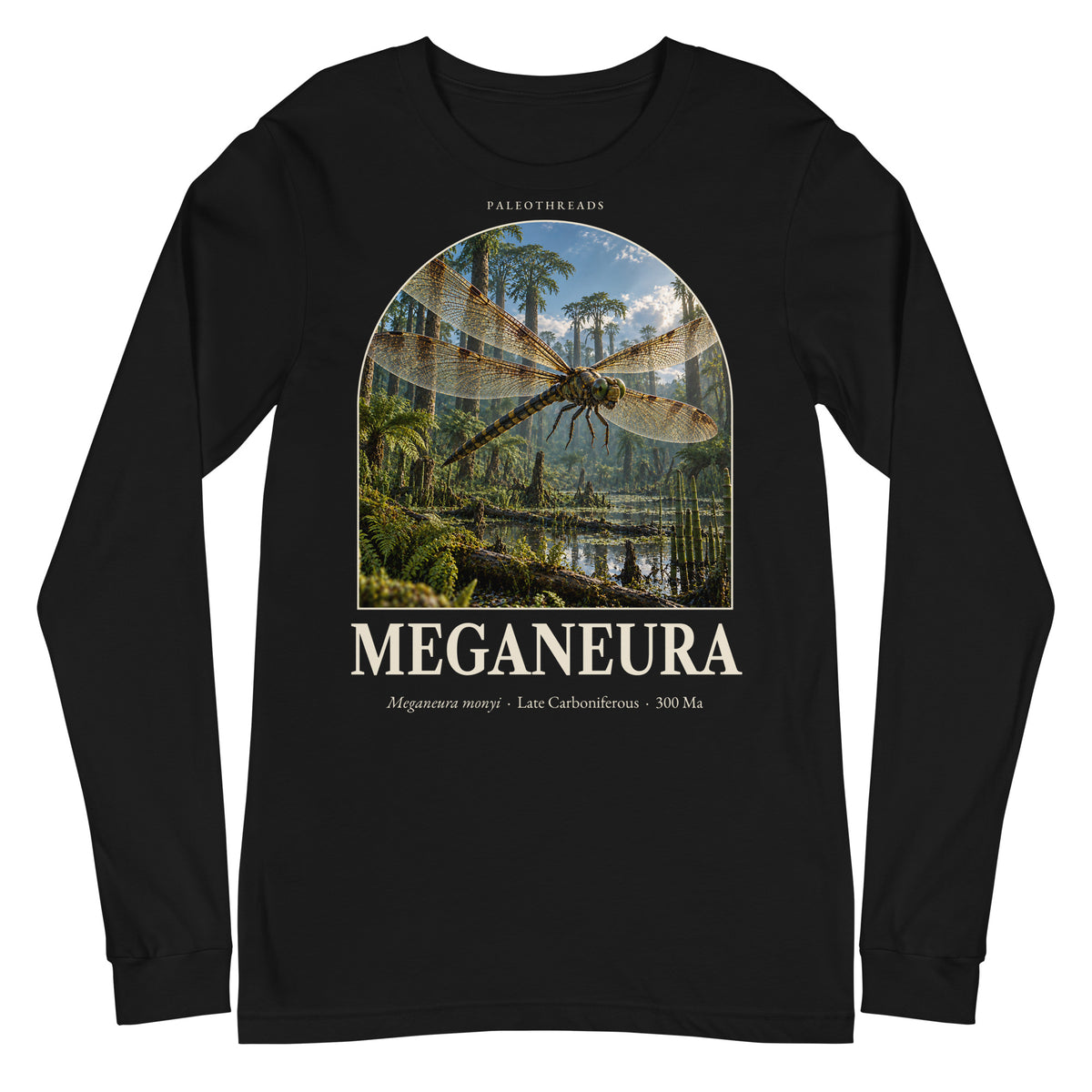 Meganeura long sleeve tee in Black — Deep Time Atlas Plate 142, PaleoThreads