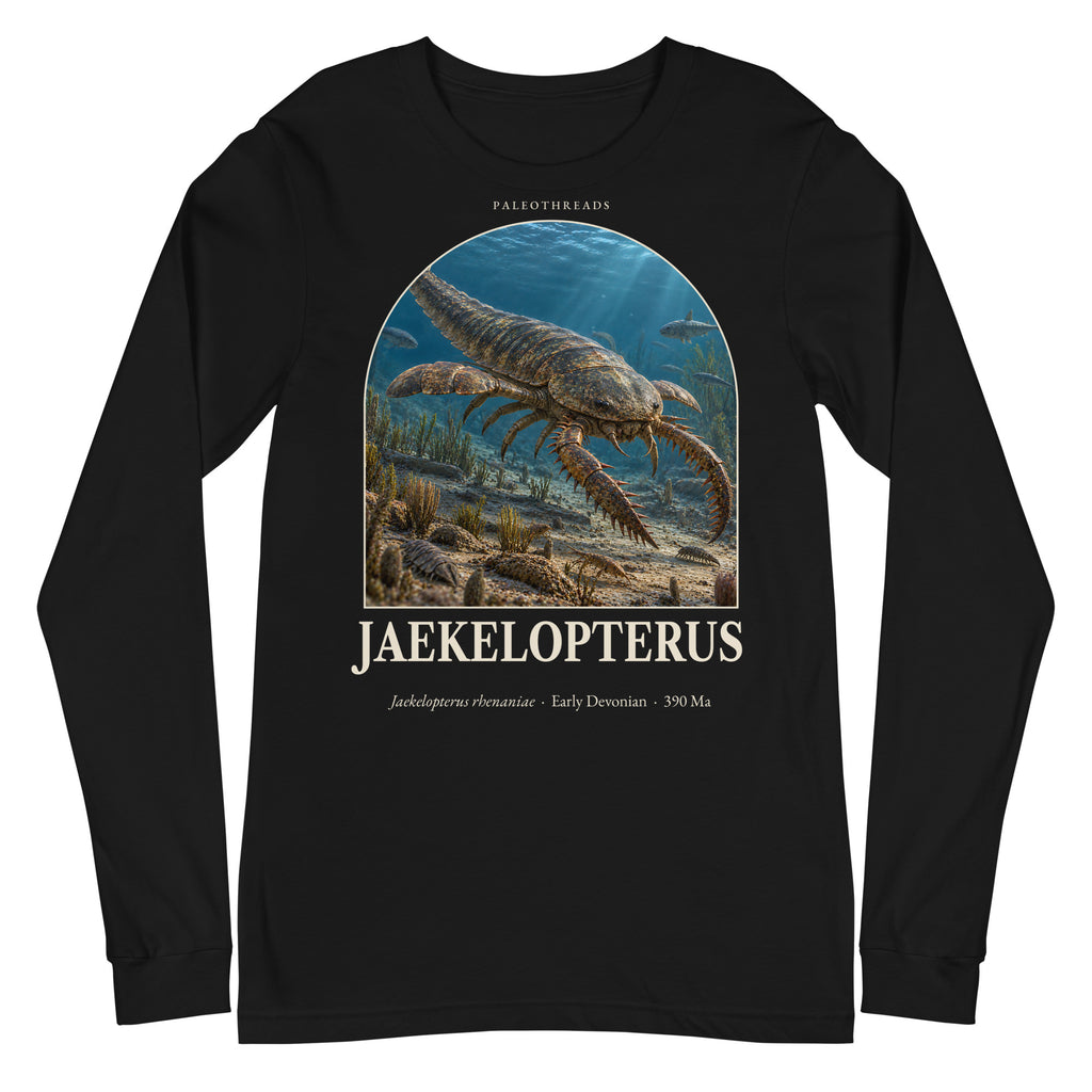 Jaekelopterus long sleeve tee in Black — Deep Time Atlas Plate 141, PaleoThreads