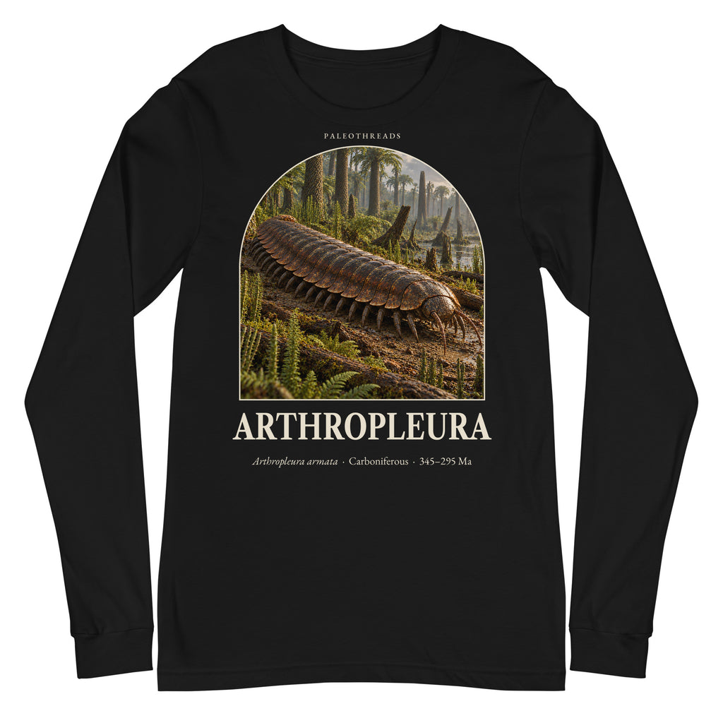 Arthropleura long sleeve tee in Black — Deep Time Atlas Plate 143, PaleoThreads