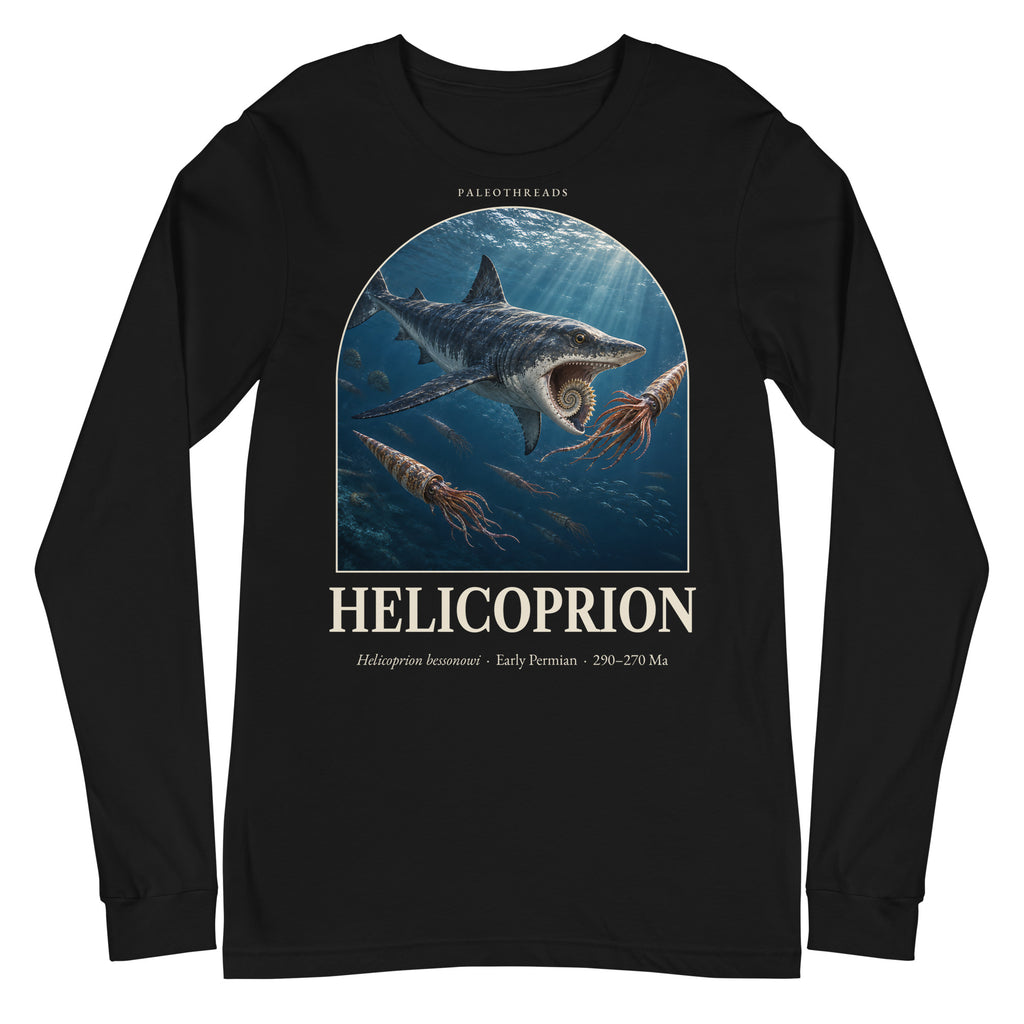 Helicoprion long sleeve tee in Black — Deep Time Atlas Plate 151, PaleoThreads