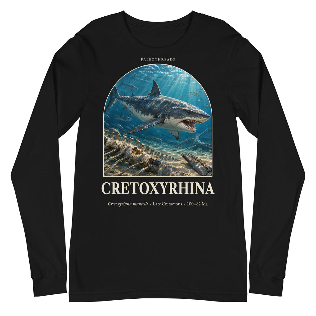 Cretoxyrhina long sleeve tee in Black — Deep Time Atlas Plate 154, PaleoThreads