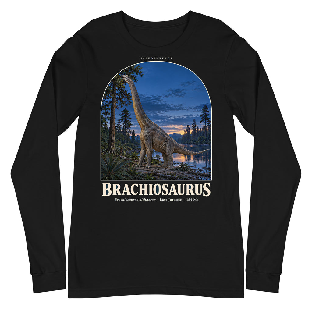 Brachiosaurus long sleeve tee in Black — Deep Time Atlas Plate 010, PaleoThreads