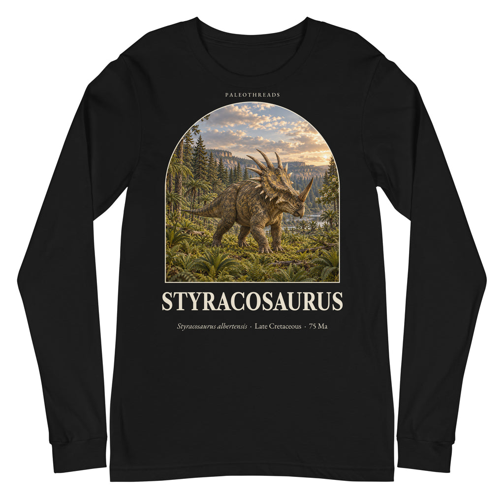 Styracosaurus long sleeve tee in Black — Deep Time Atlas Plate 059, PaleoThreads