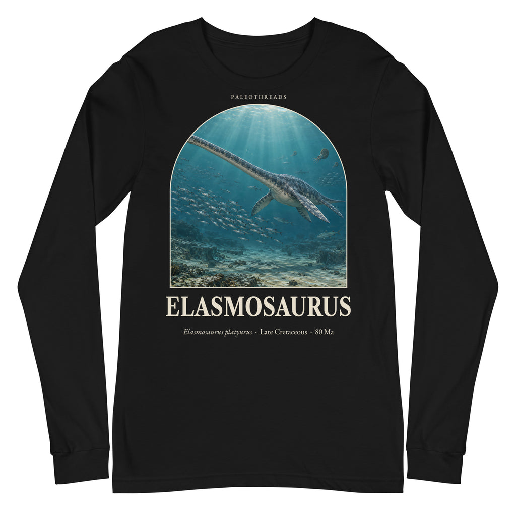 Elasmosaurus long sleeve tee in Black — Deep Time Atlas Plate 107, PaleoThreads