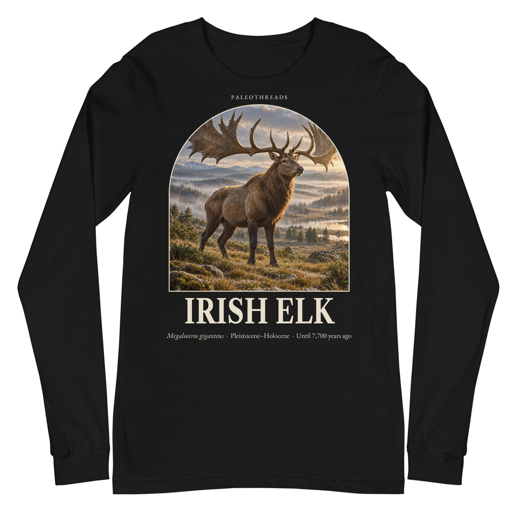 Irish elk long sleeve tee in Black — Deep Time Atlas Plate 162, PaleoThreads