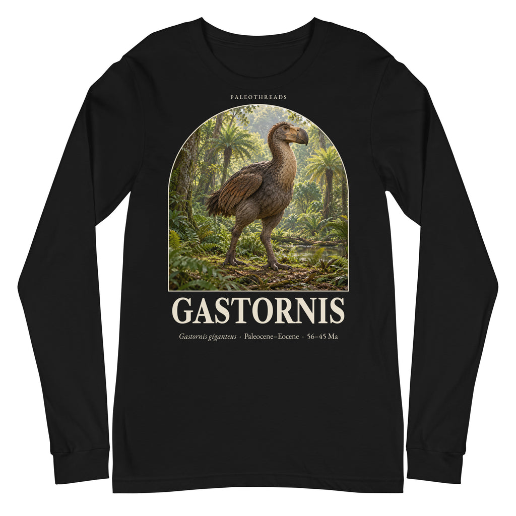 Gastornis long sleeve tee in Black — Deep Time Atlas Plate 166, PaleoThreads