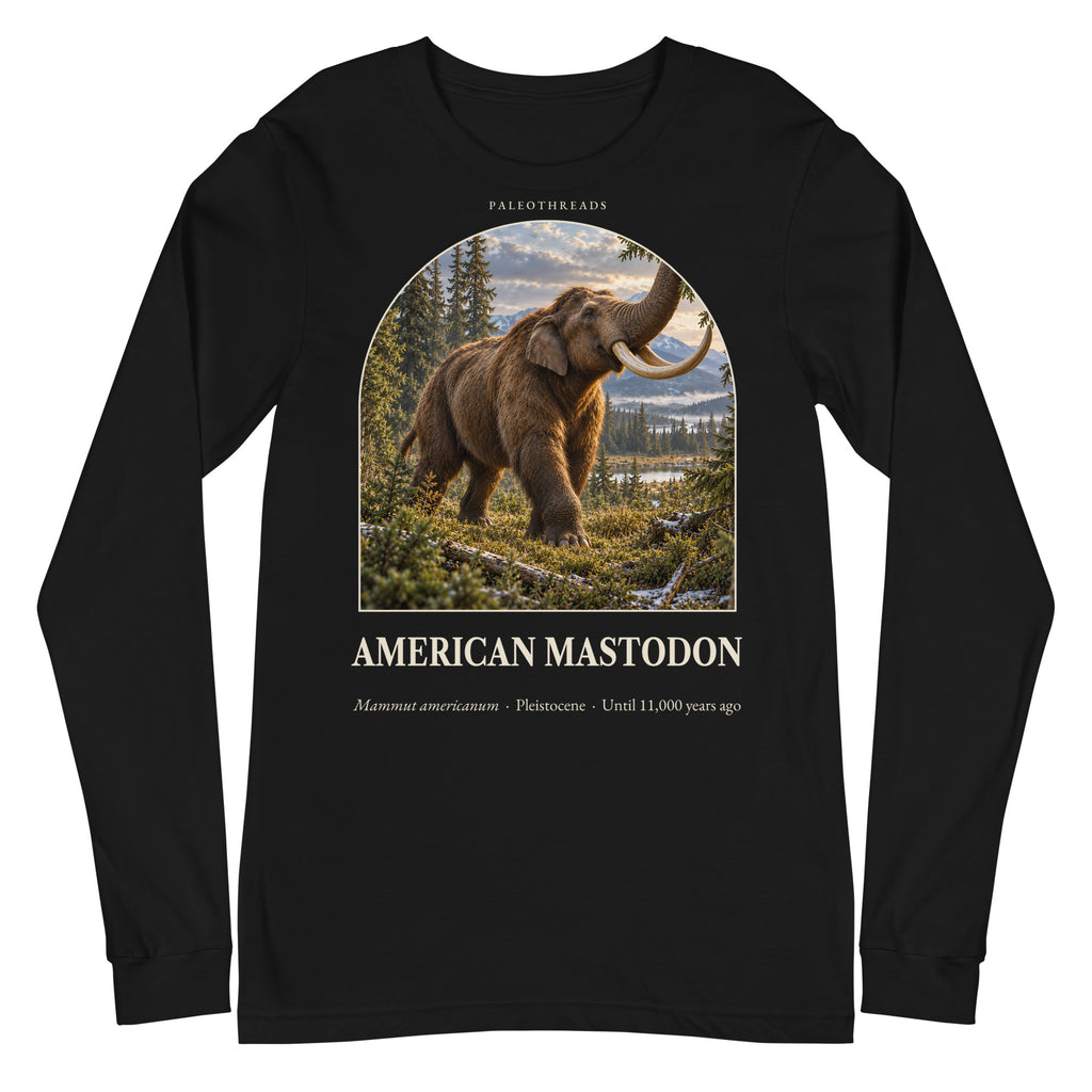 American mastodon long sleeve tee in Black — Deep Time Atlas Plate 168, PaleoThreads