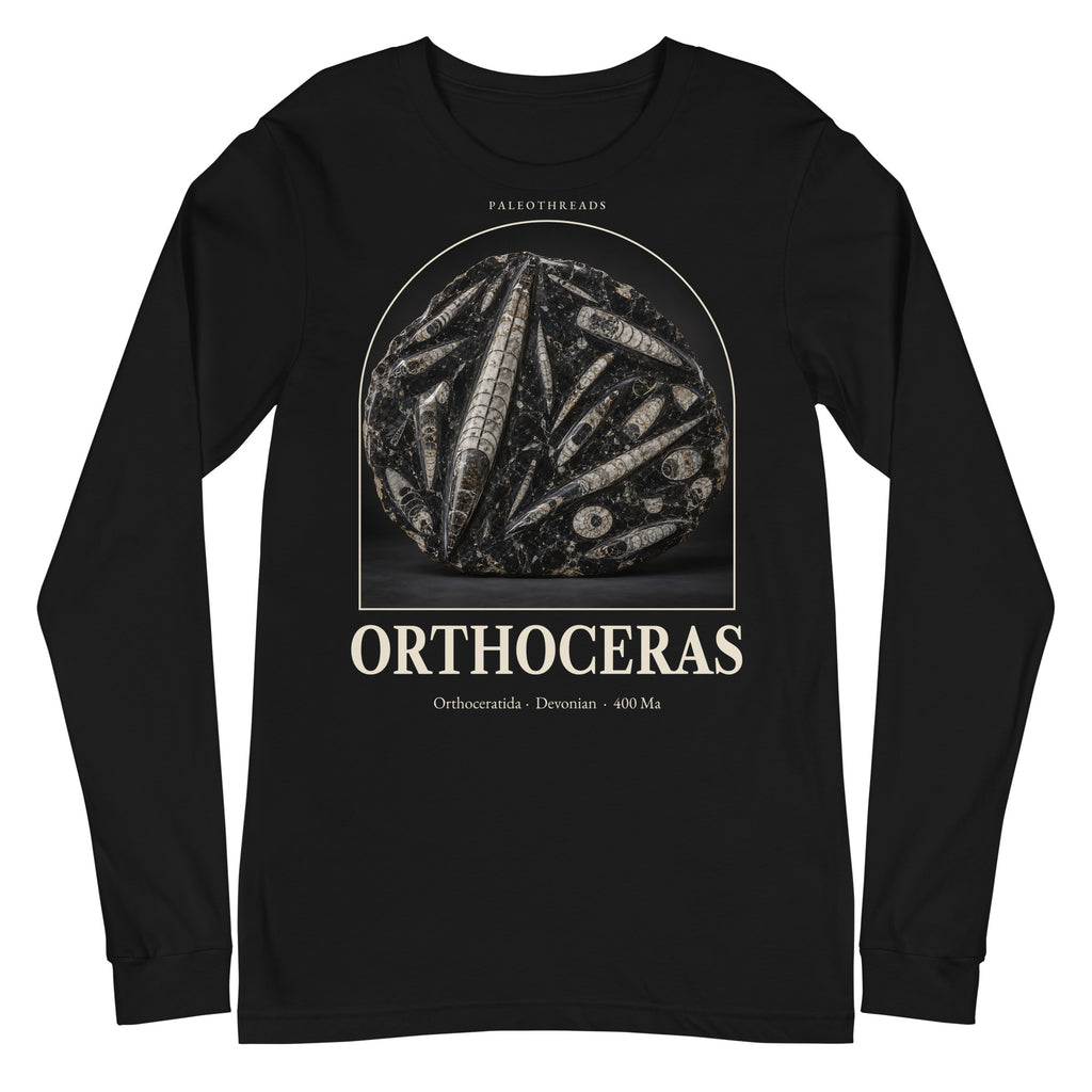 Orthoceras specimen long sleeve tee in Black — Deep Time Atlas Plate 178, PaleoThreads
