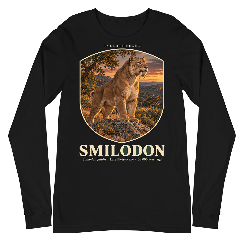 Smilodon long sleeve tee in Black — Deep Time Atlas Plate 008, PaleoThreads