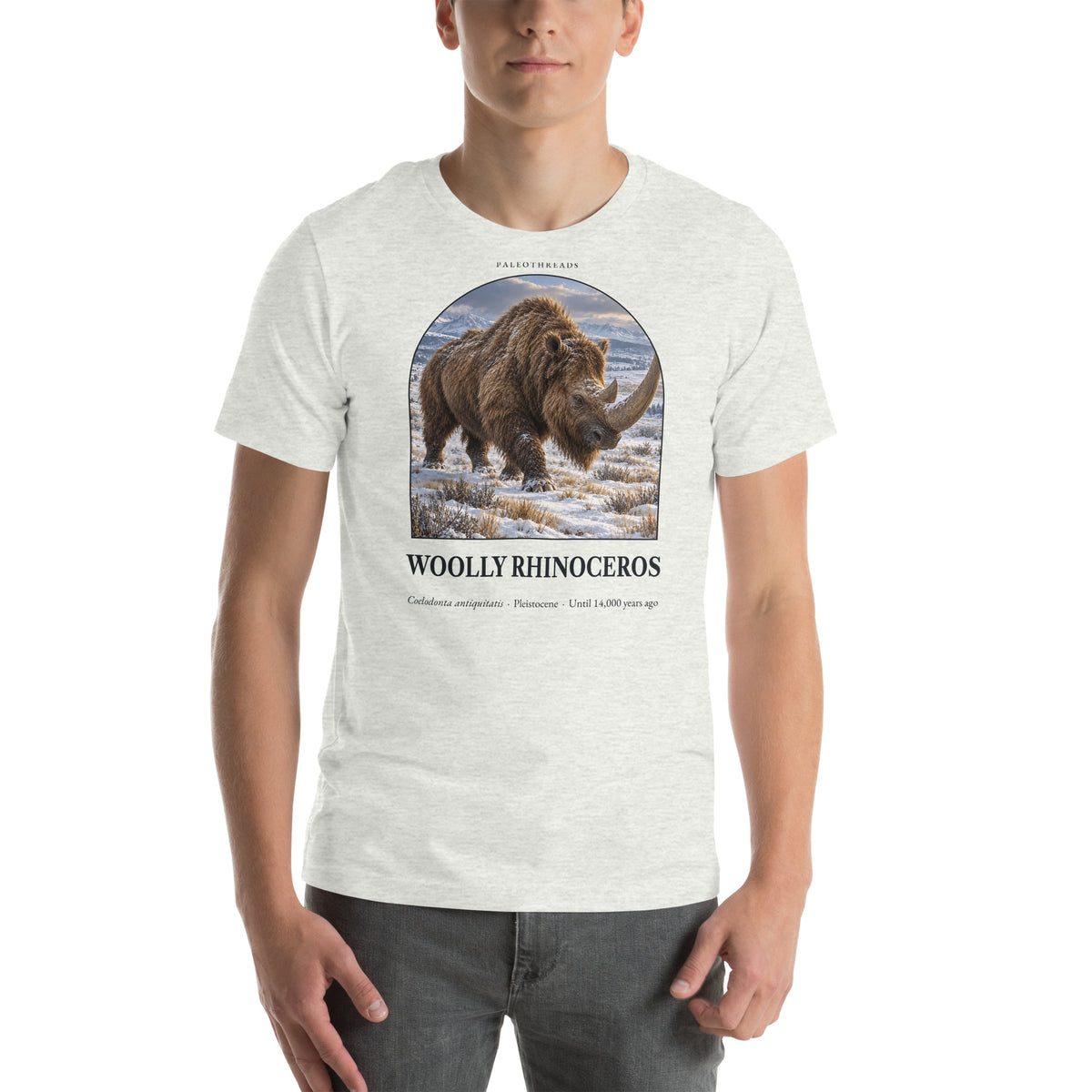 Woolly rhinoceros T-shirt in Ash — Deep Time Atlas Plate 157, PaleoThreads