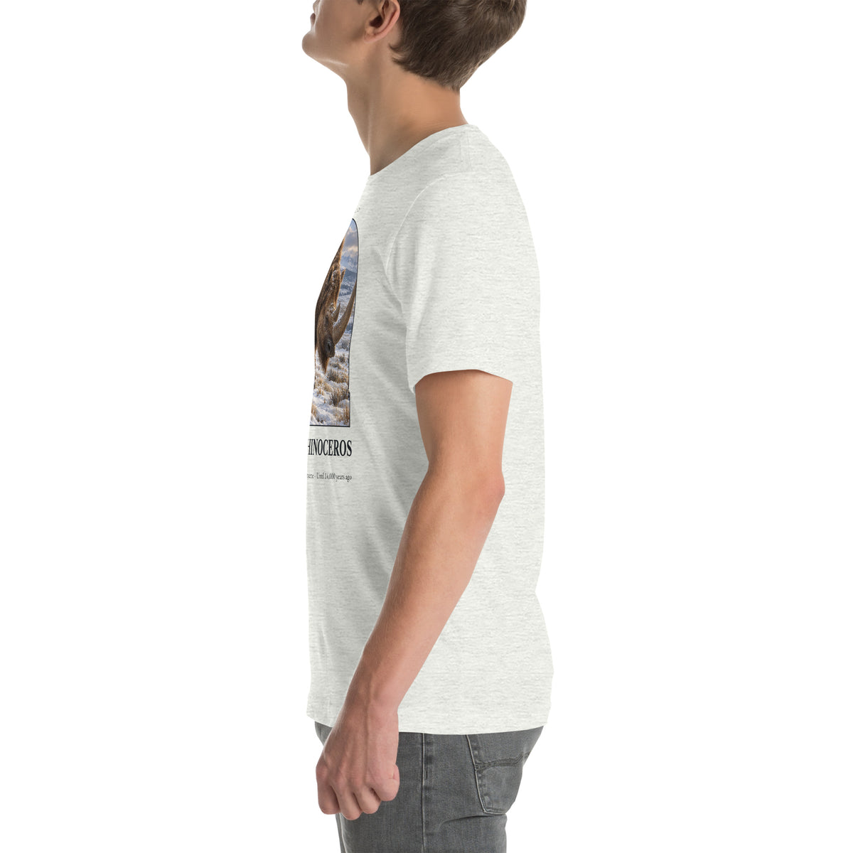 Woolly rhinoceros T-shirt in Ash, left view — Deep Time Atlas Plate 157, PaleoThreads