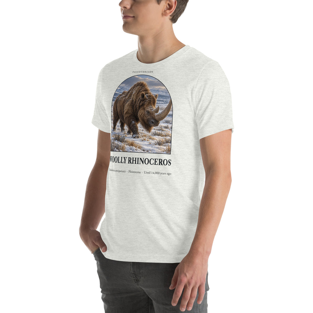 Woolly rhinoceros T-shirt in Ash, left front view — Deep Time Atlas Plate 157, PaleoThreads