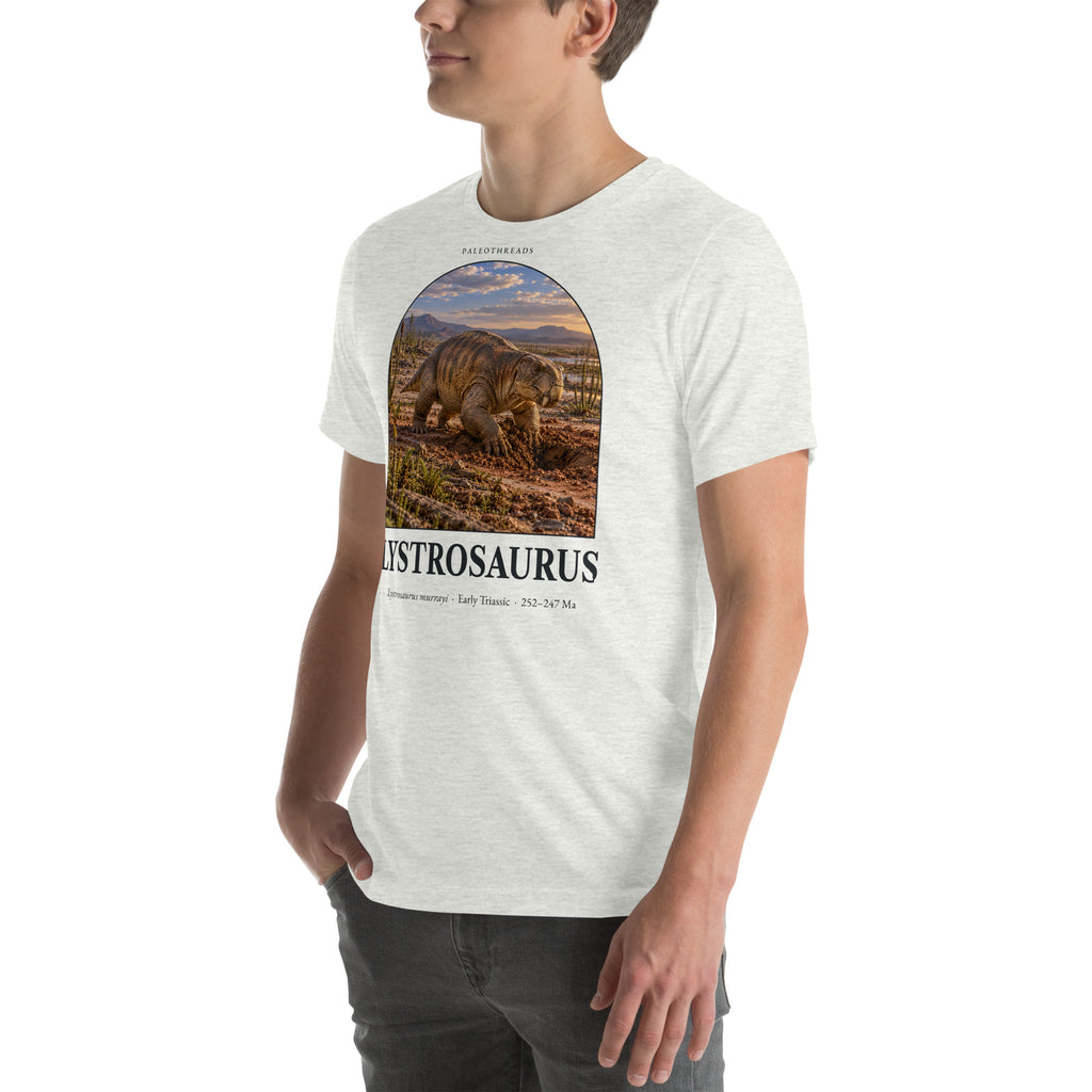 Lystrosaurus T-shirt in Ash, left front view — Deep Time Atlas Plate 136, PaleoThreads