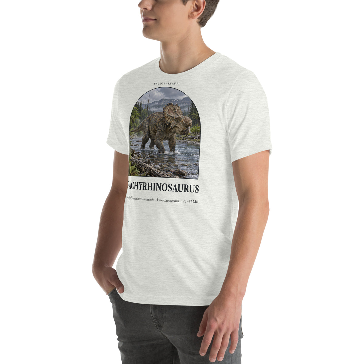 Pachyrhinosaurus T-shirt in Ash, left front view — Deep Time Atlas Plate 061, PaleoThreads