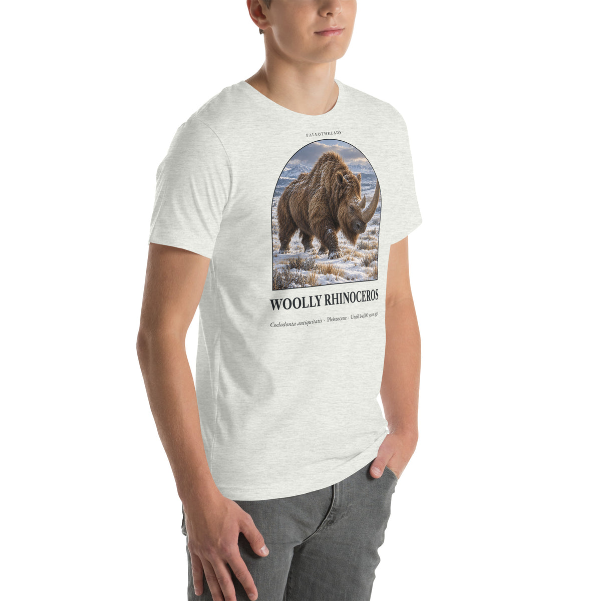 Woolly rhinoceros T-shirt in Ash, right front view — Deep Time Atlas Plate 157, PaleoThreads
