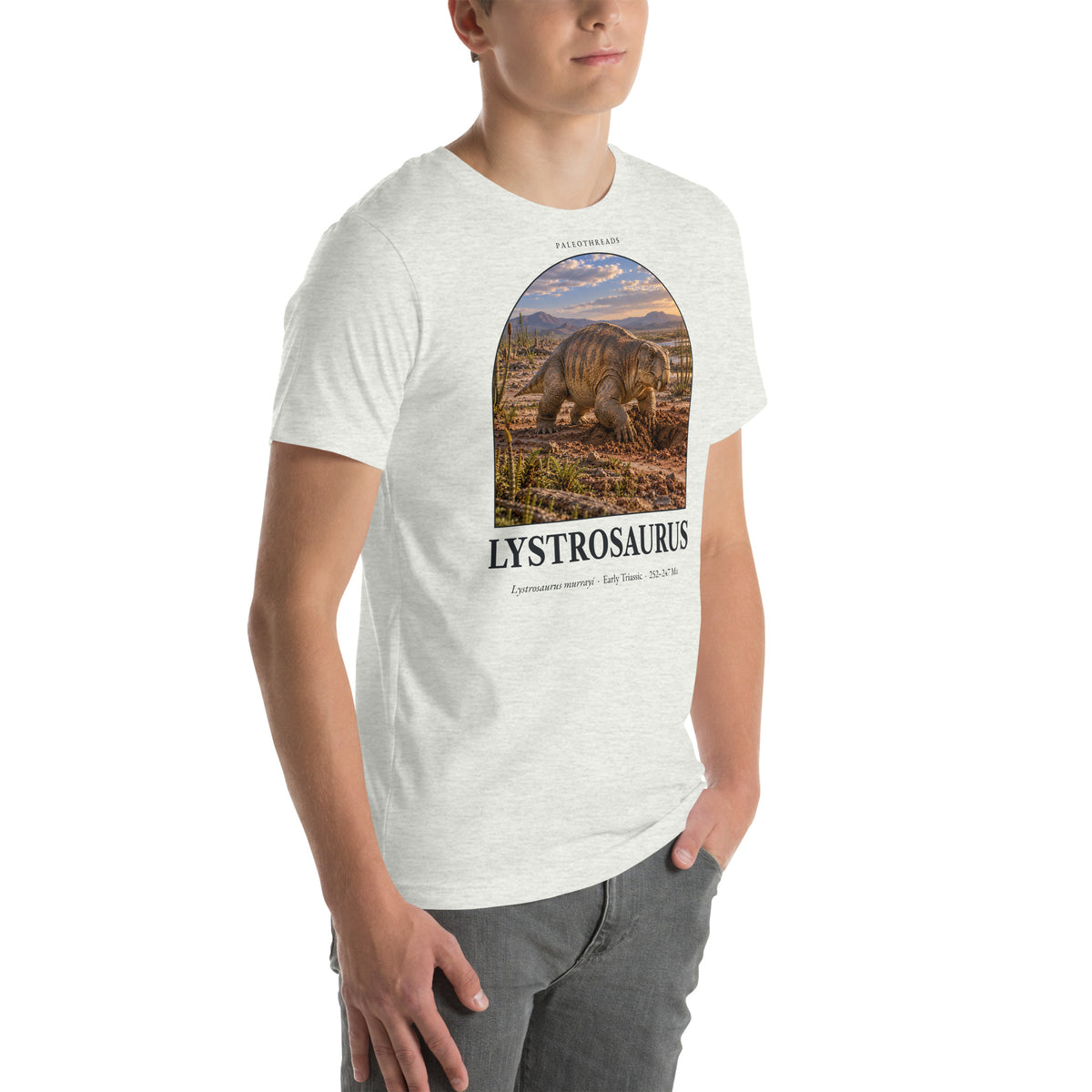 Lystrosaurus T-shirt in Ash, right front view — Deep Time Atlas Plate 136, PaleoThreads