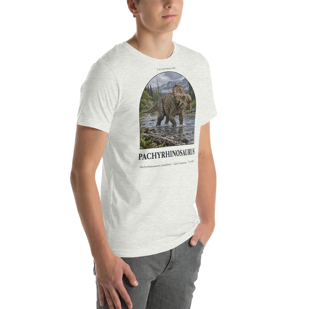 Pachyrhinosaurus T-shirt in Ash, right front view — Deep Time Atlas Plate 061, PaleoThreads