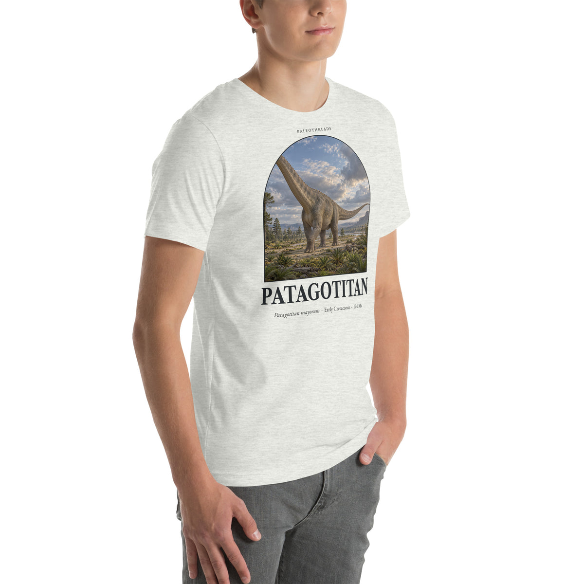 Patagotitan T-shirt in Ash, right front view — Deep Time Atlas Plate 049, PaleoThreads