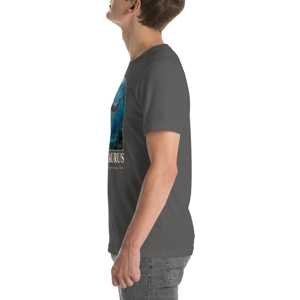 Dakosaurus T-shirt in Asphalt, left view — Deep Time Atlas Plate 117, PaleoThreads