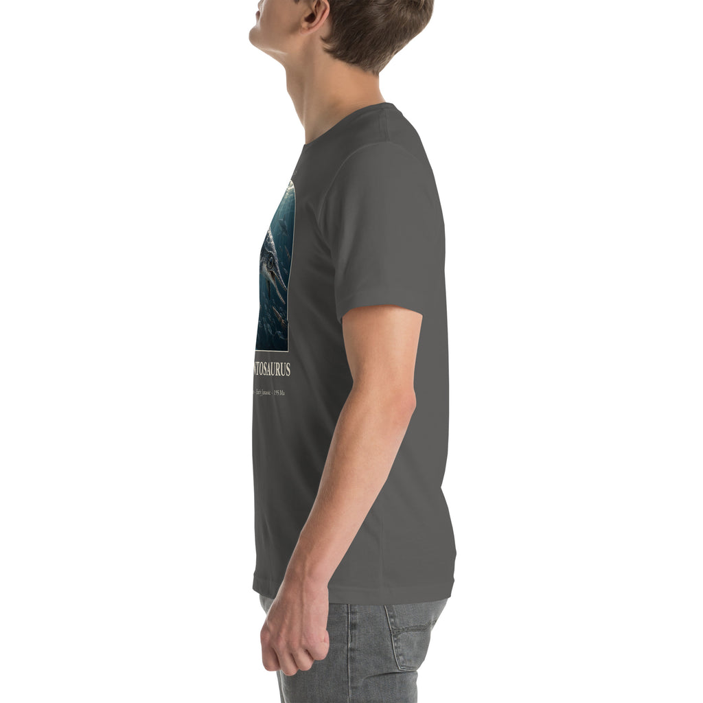 Temnodontosaurus T-shirt in Asphalt, left view — Deep Time Atlas Plate 113, PaleoThreads