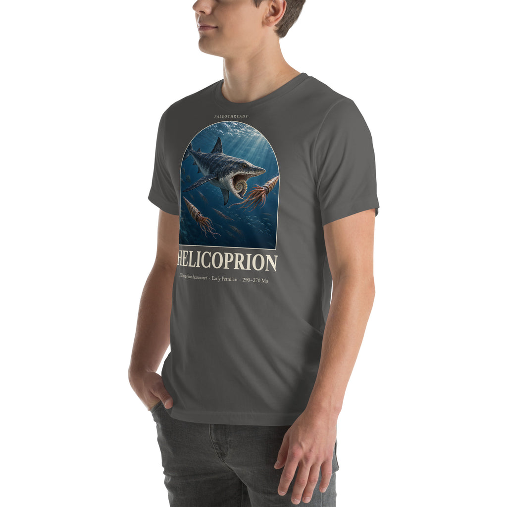 Helicoprion T-shirt in Asphalt, left front view — Deep Time Atlas Plate 151, PaleoThreads