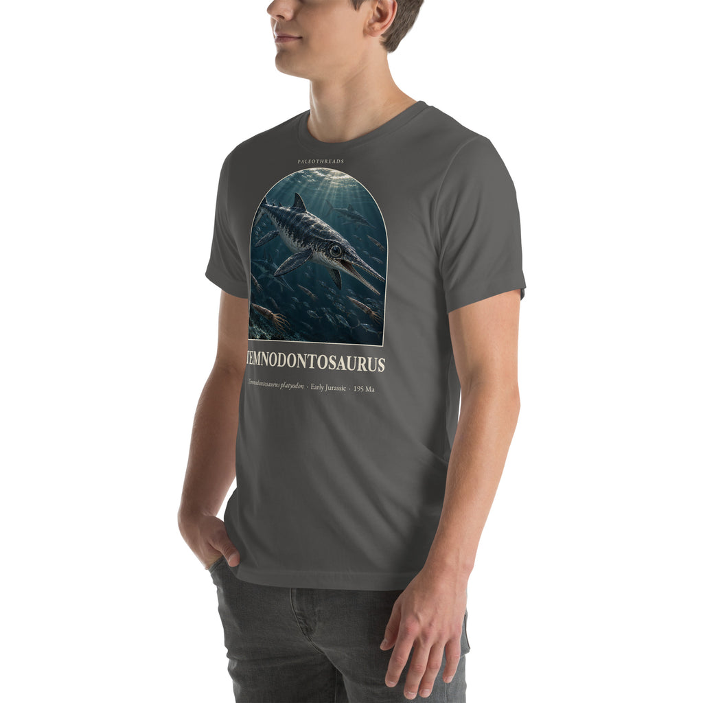 Temnodontosaurus T-shirt in Asphalt, left front view — Deep Time Atlas Plate 113, PaleoThreads