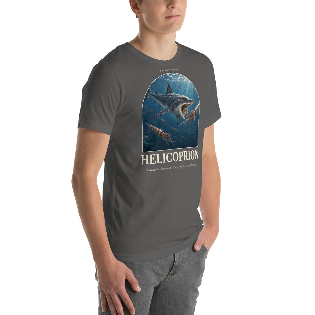 Helicoprion T-shirt in Asphalt, right front view — Deep Time Atlas Plate 151, PaleoThreads