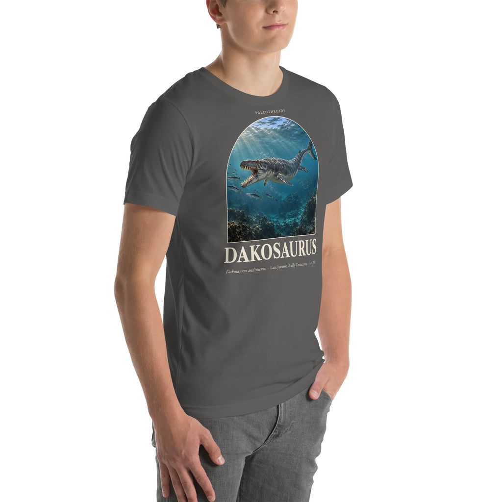 Dakosaurus T-shirt in Asphalt, right front view — Deep Time Atlas Plate 117, PaleoThreads