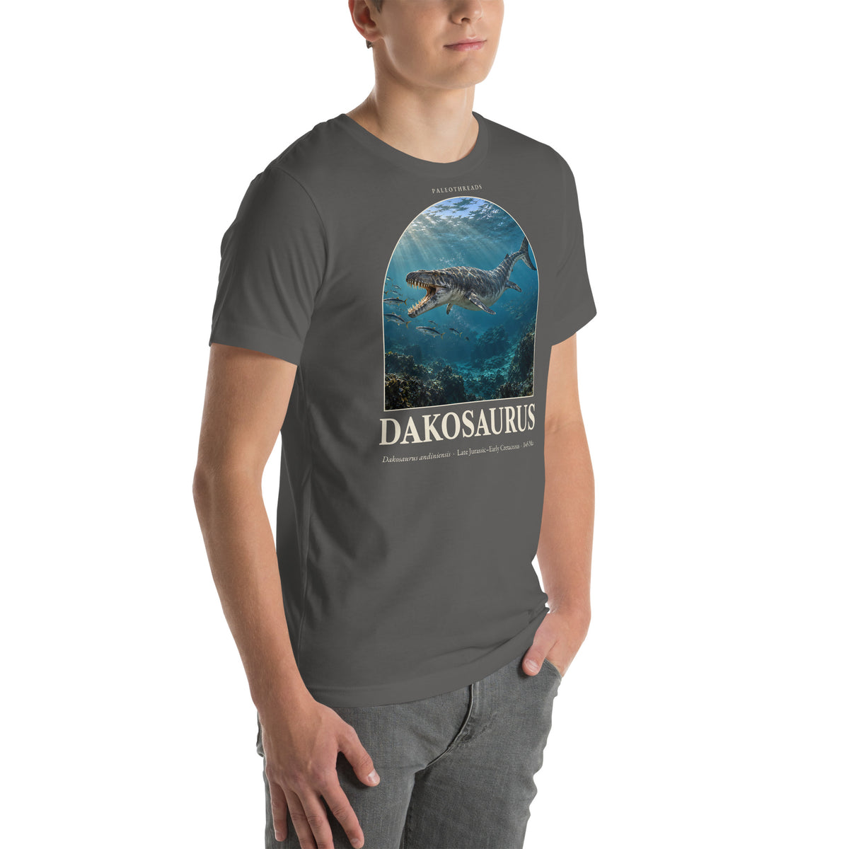 Dakosaurus T-shirt in Asphalt, right front view — Deep Time Atlas Plate 117, PaleoThreads