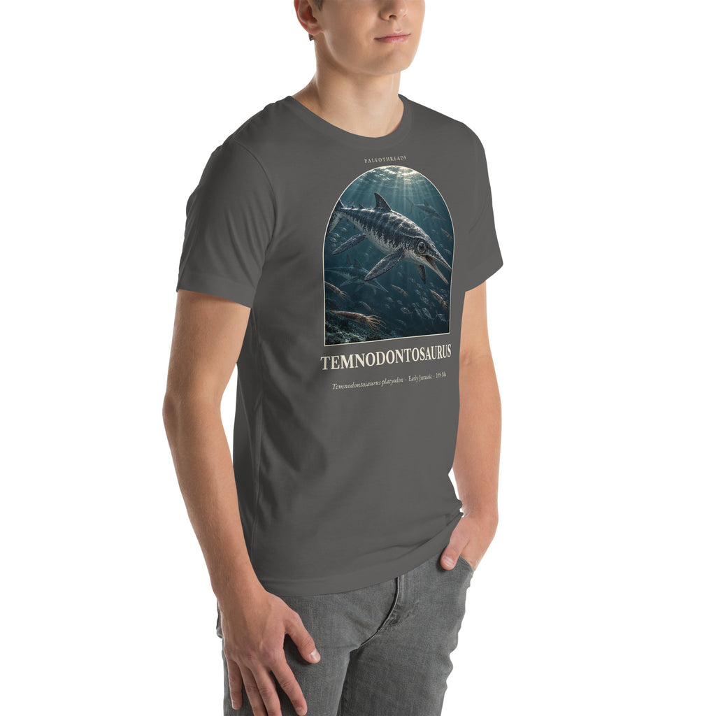 Temnodontosaurus T-shirt in Asphalt, right front view — Deep Time Atlas Plate 113, PaleoThreads